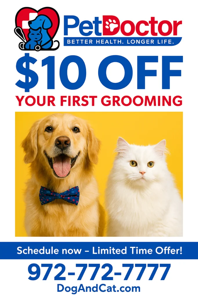 $10 Off your first grooming appointment! Schedule now by calling today at 972-772-7777. Limited time offer!